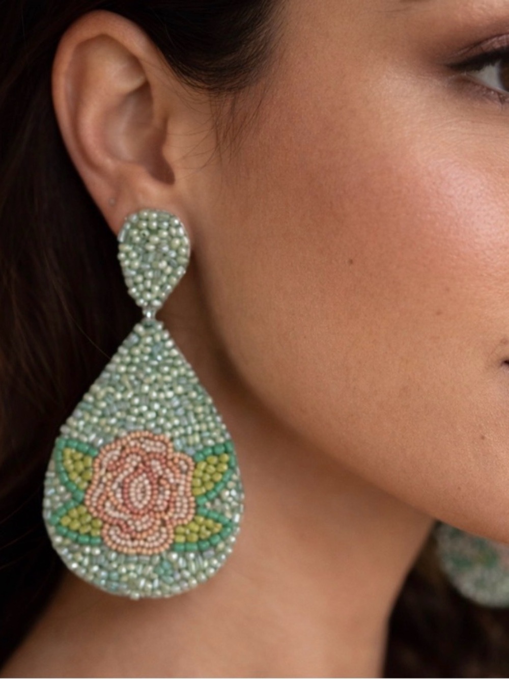 Pink Rose Beaded Earrings- Green